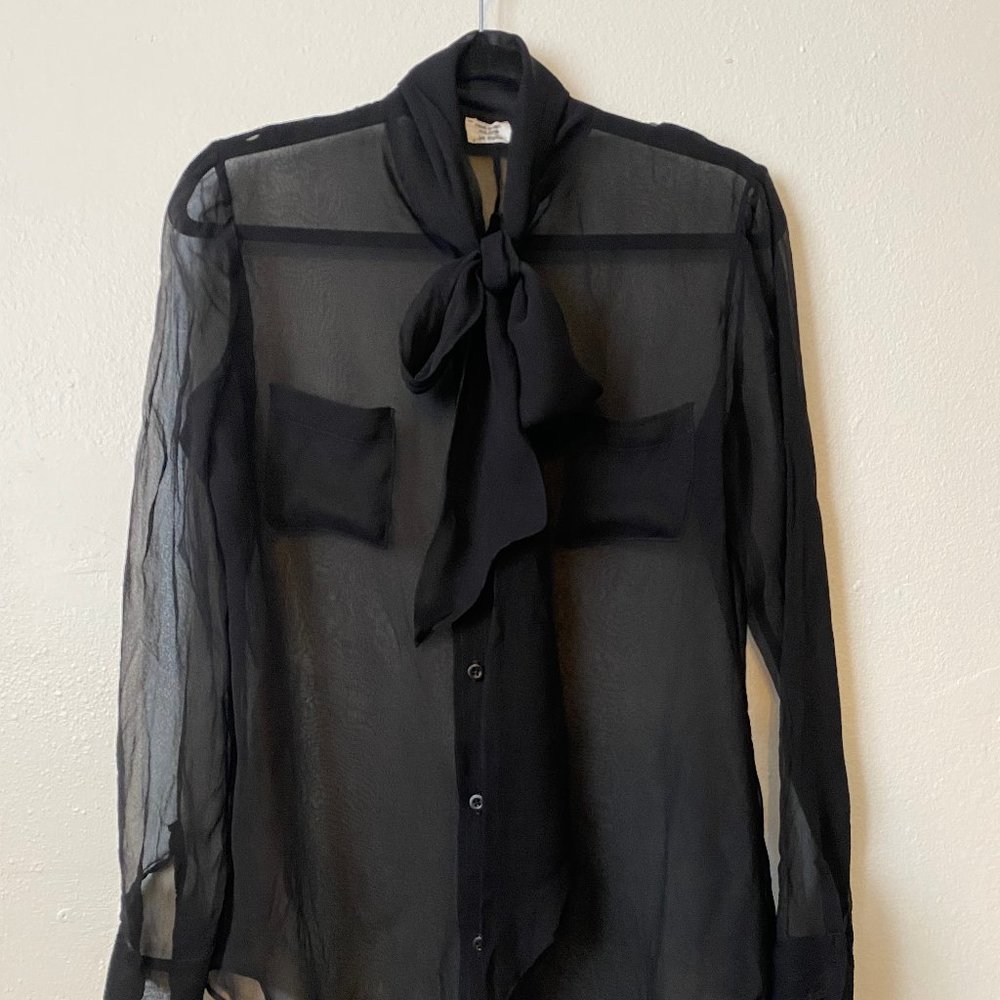 The Hazel Brown Collection LA Sheer Black Blouse button down with bow tie